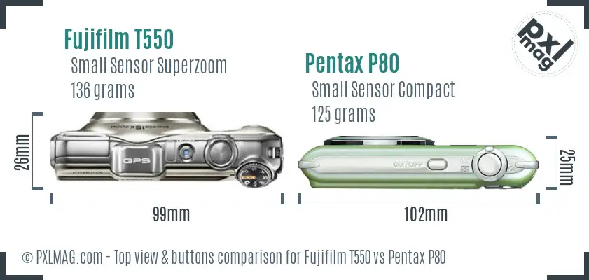 Fujifilm T550 vs Pentax P80 top view buttons comparison Fujifilm T550 vs Pentax P80 top view buttons comparison