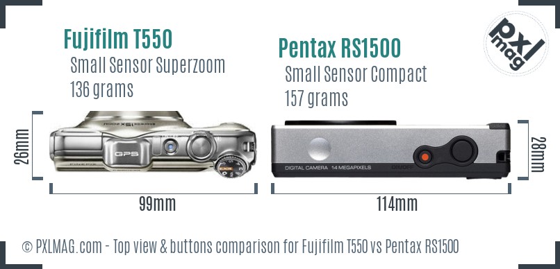 Fujifilm T550 vs Pentax RS1500 top view buttons comparison