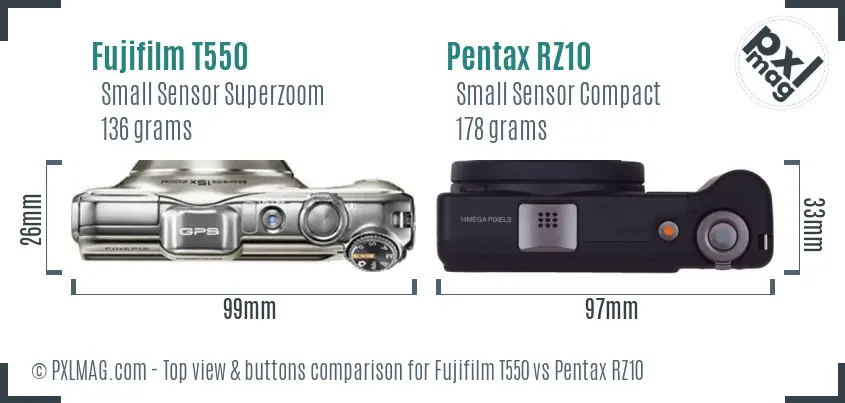 Fujifilm T550 vs Pentax RZ10 top view buttons comparison