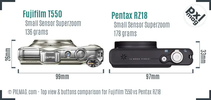 Fujifilm T550 vs Pentax RZ18 top view buttons comparison Fujifilm T550 vs Pentax RZ18 top view buttons comparison