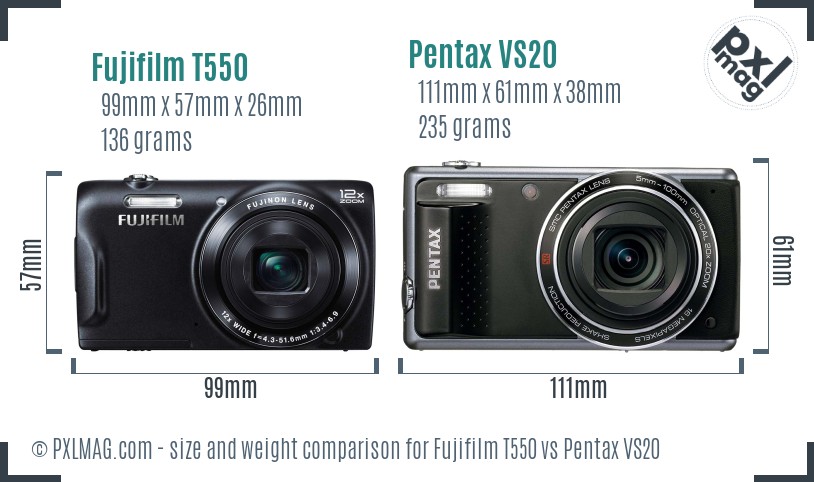 Fujifilm T550 vs Pentax VS20 size comparison