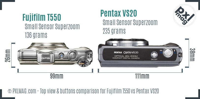 Fujifilm T550 vs Pentax VS20 top view buttons comparison