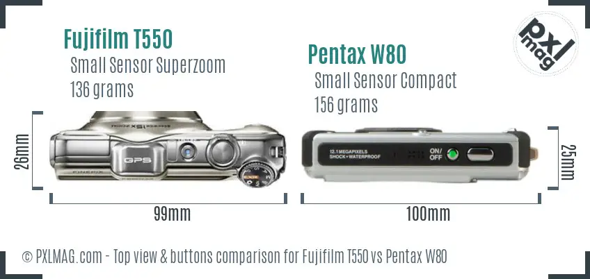 Fujifilm T550 vs Pentax W80 top view buttons comparison