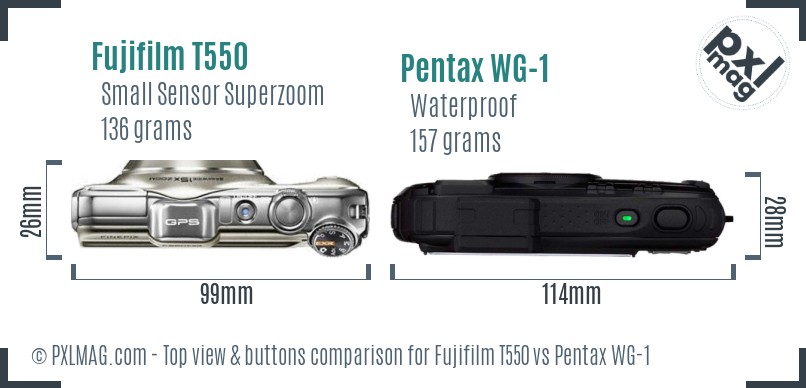 Fujifilm T550 vs Pentax WG-1 top view buttons comparison