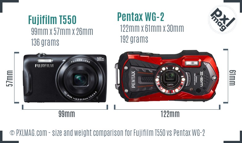 Fujifilm T550 vs Pentax WG-2 size comparison