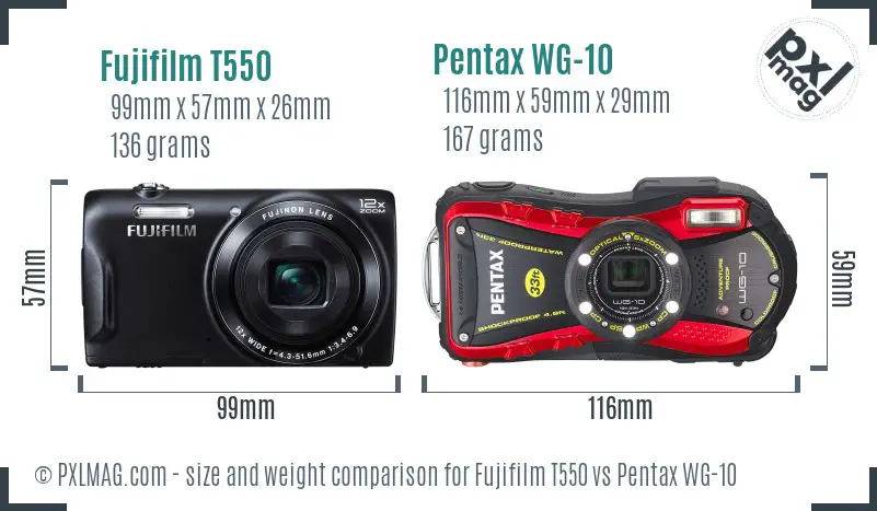 Fujifilm T550 vs Pentax WG-10 size comparison