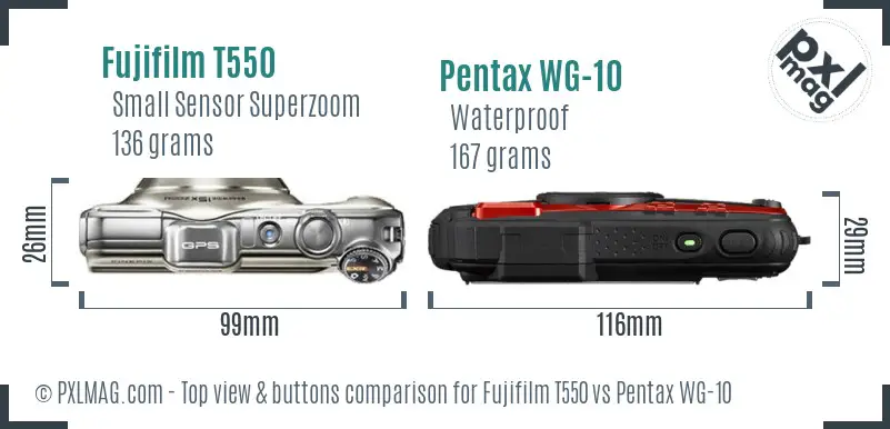 Fujifilm T550 vs Pentax WG-10 top view buttons comparison