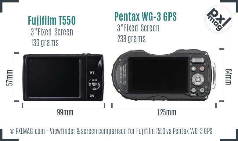 Fujifilm T550 vs Pentax WG-3 GPS Screen and Viewfinder comparison