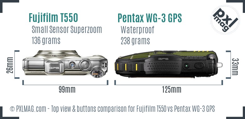 Fujifilm T550 vs Pentax WG-3 GPS top view buttons comparison