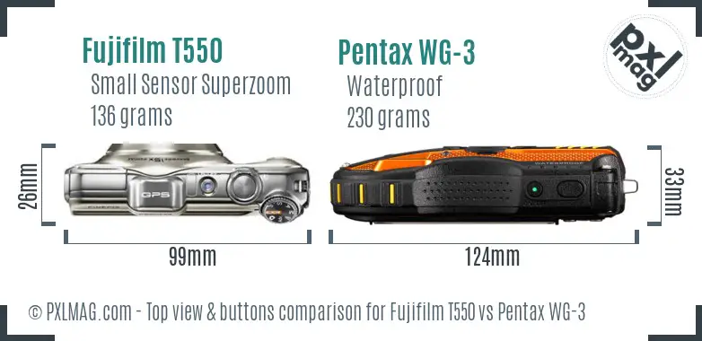 Fujifilm T550 vs Pentax WG-3 top view buttons comparison