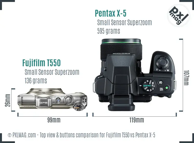 Fujifilm T550 vs Pentax X-5 top view buttons comparison Fujifilm T550 vs Pentax X-5 top view buttons comparison