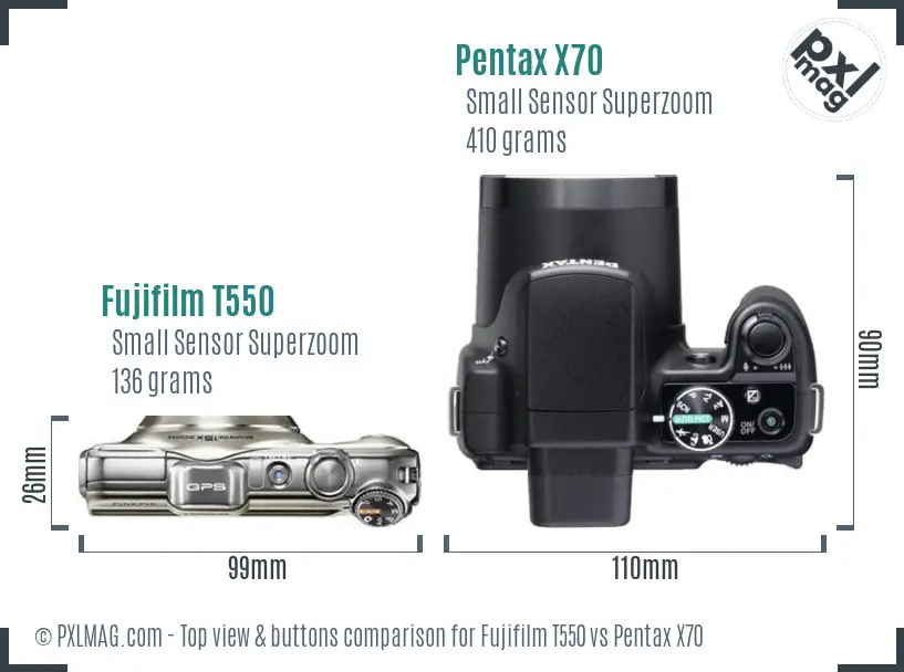 Fujifilm T550 vs Pentax X70 top view buttons comparison Fujifilm T550 vs Pentax X70 top view buttons comparison