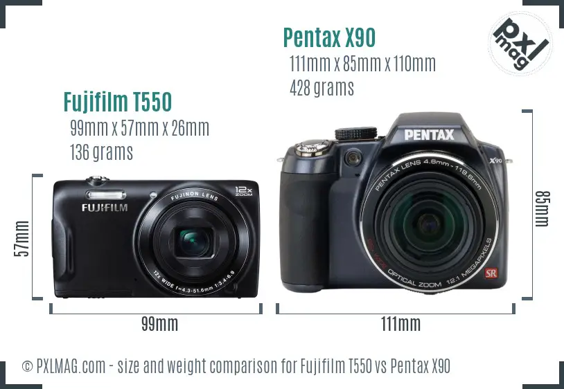 Fujifilm T550 vs Pentax X90 size comparison