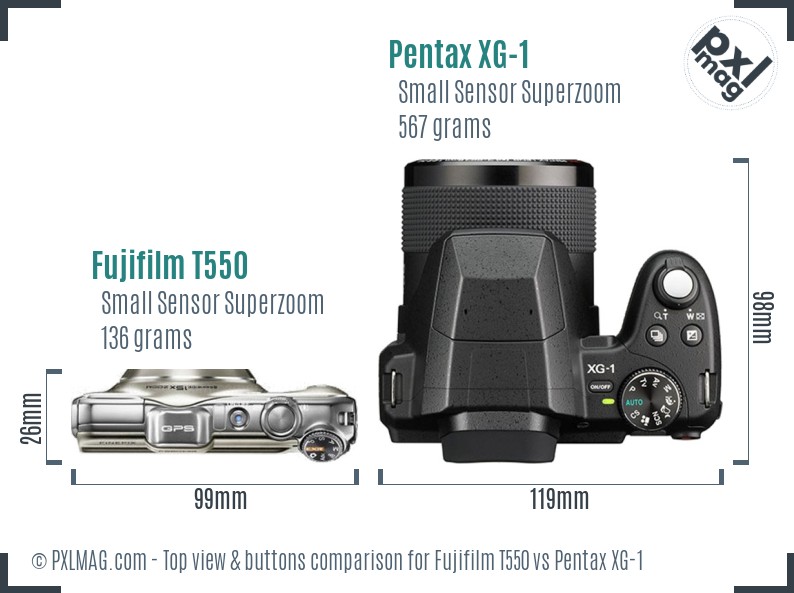 Fujifilm T550 vs Pentax XG-1 top view buttons comparison