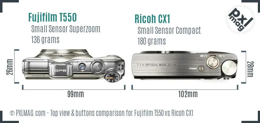 Fujifilm T550 vs Ricoh CX1 top view buttons comparison Fujifilm T550 vs Ricoh CX1 top view buttons comparison