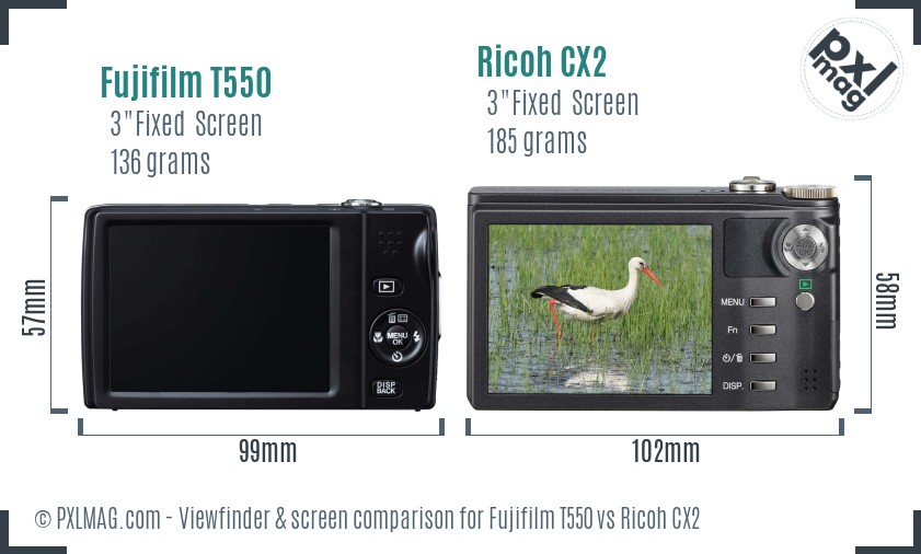 Fujifilm T550 vs Ricoh CX2 Screen and Viewfinder comparison