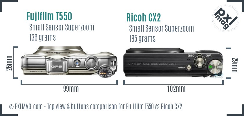 Fujifilm T550 vs Ricoh CX2 top view buttons comparison