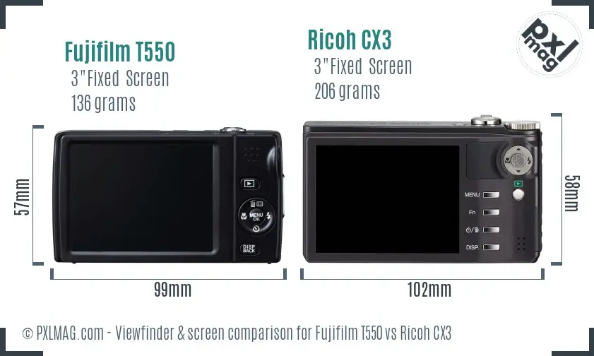 Fujifilm T550 vs Ricoh CX3 Screen and Viewfinder comparison