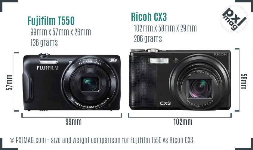 Fujifilm T550 vs Ricoh CX3 size comparison