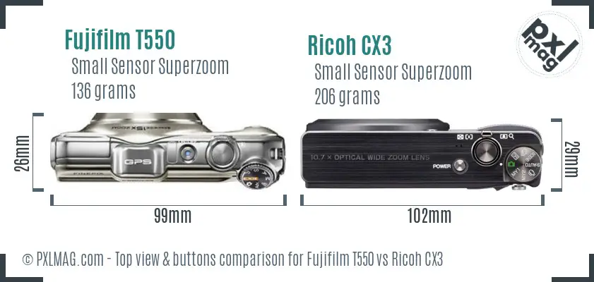 Fujifilm T550 vs Ricoh CX3 top view buttons comparison