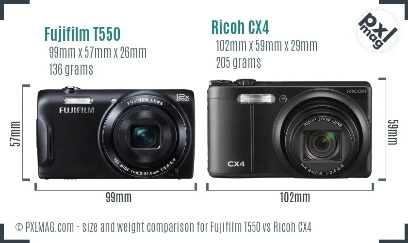 Fujifilm T550 vs Ricoh CX4 size comparison