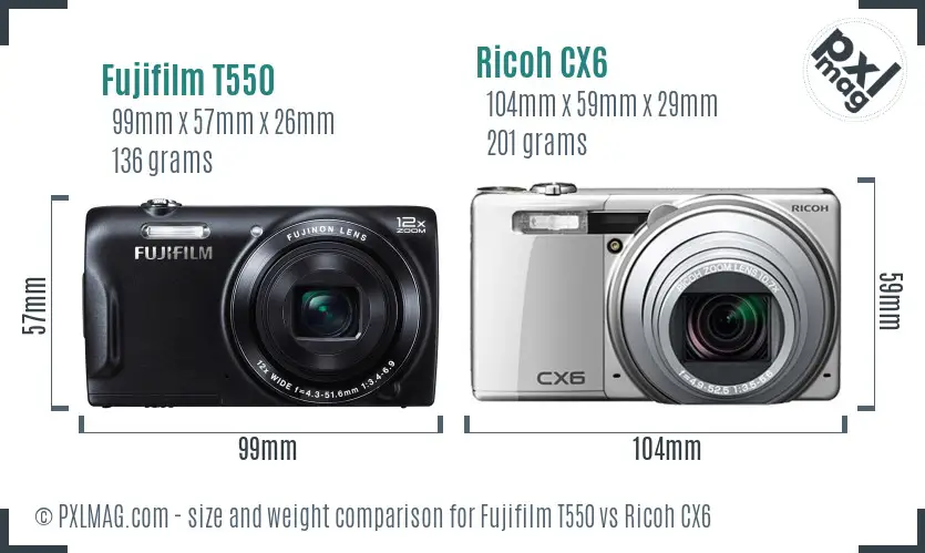 Fujifilm T550 vs Ricoh CX6 size comparison