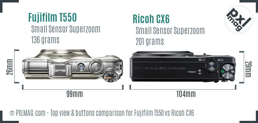 Fujifilm T550 vs Ricoh CX6 top view buttons comparison