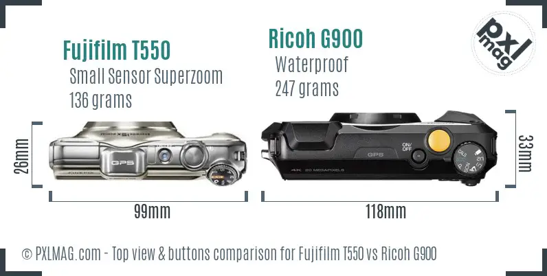 Fujifilm T550 vs Ricoh G900 top view buttons comparison