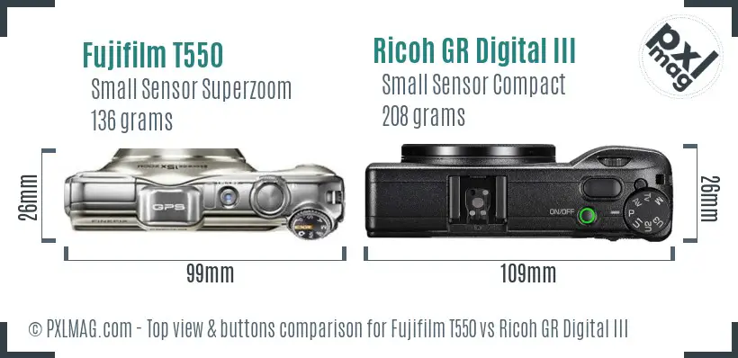 Fujifilm T550 vs Ricoh GR Digital III top view buttons comparison
