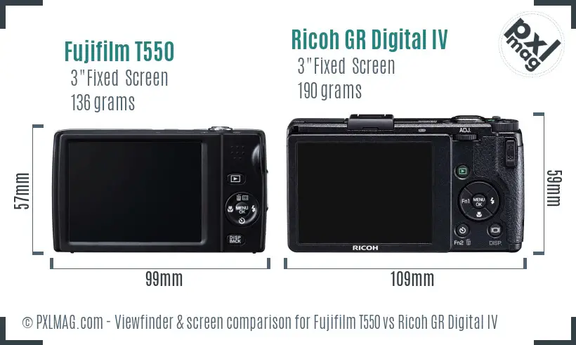 Fujifilm T550 vs Ricoh GR Digital IV Screen and Viewfinder comparison