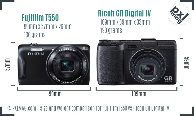 Fujifilm T550 vs Ricoh GR Digital IV size comparison