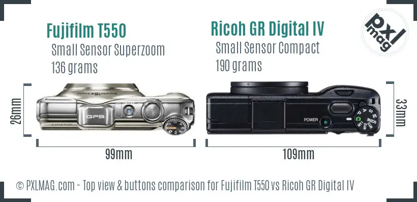 Fujifilm T550 vs Ricoh GR Digital IV top view buttons comparison