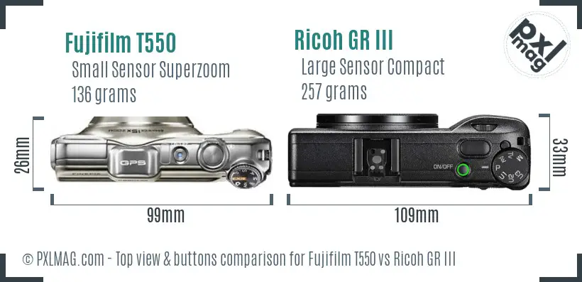 Fujifilm T550 vs Ricoh GR III top view buttons comparison Fujifilm T550 vs Ricoh GR III top view buttons comparison