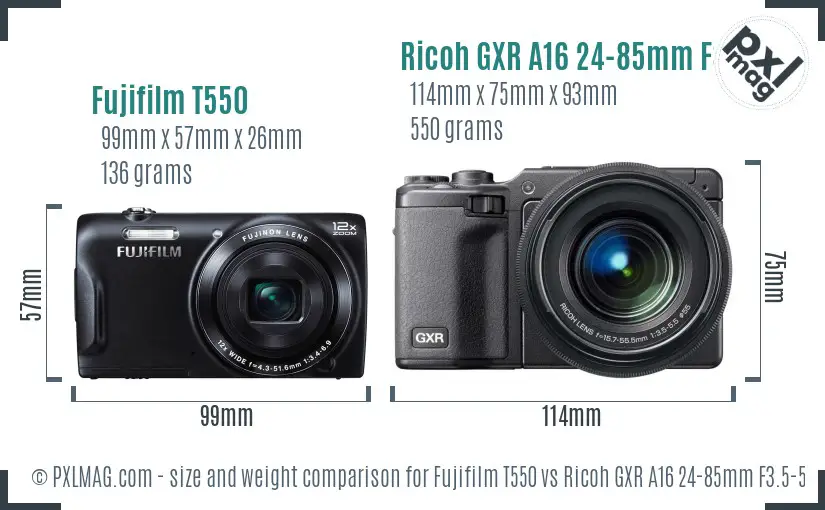 Fujifilm T550 vs Ricoh GXR A16 24-85mm F3.5-5.5 size comparison