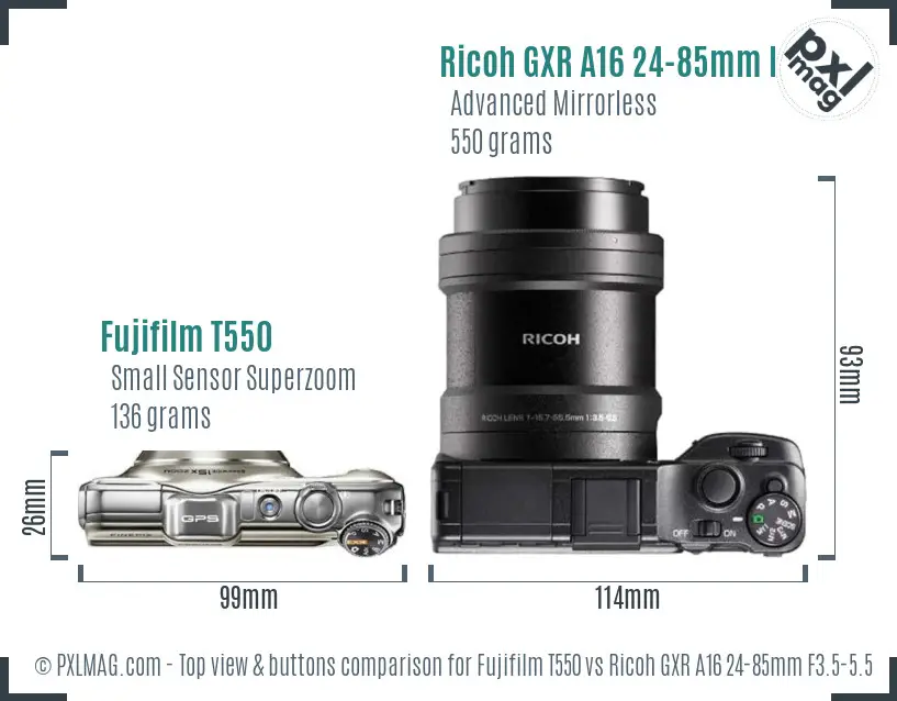 Fujifilm T550 vs Ricoh GXR A16 24-85mm F3.5-5.5 top view buttons comparison