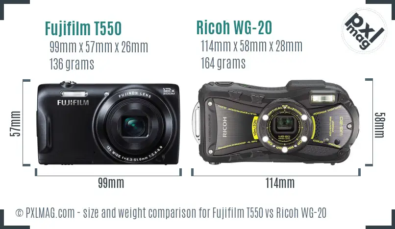 Fujifilm T550 vs Ricoh WG-20 size comparison