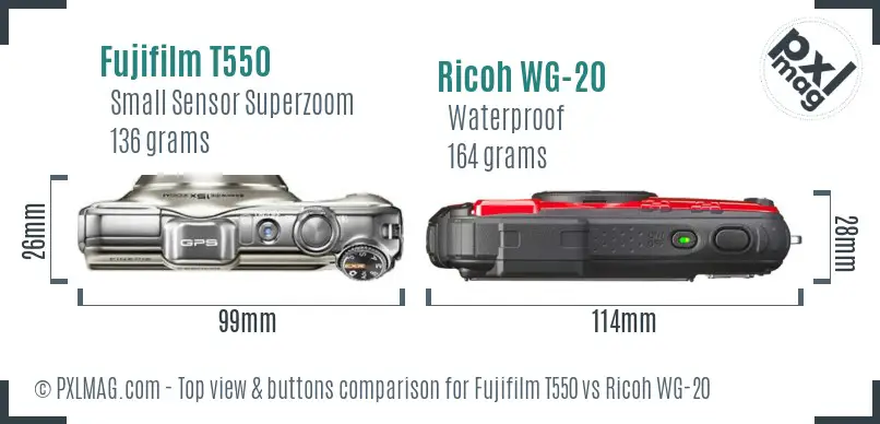 Fujifilm T550 vs Ricoh WG-20 top view buttons comparison