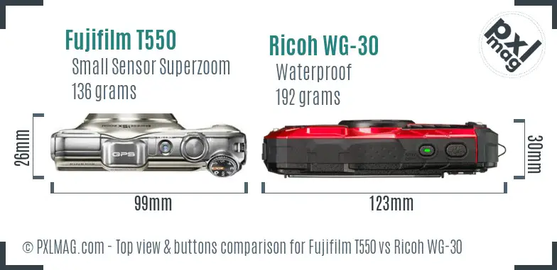 Fujifilm T550 vs Ricoh WG-30 top view buttons comparison Fujifilm T550 vs Ricoh WG-30 top view buttons comparison