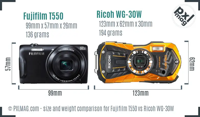 Fujifilm T550 vs Ricoh WG-30W size comparison