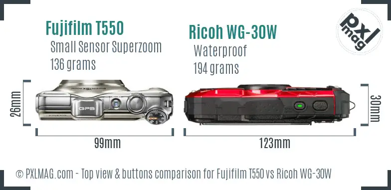 Fujifilm T550 vs Ricoh WG-30W top view buttons comparison