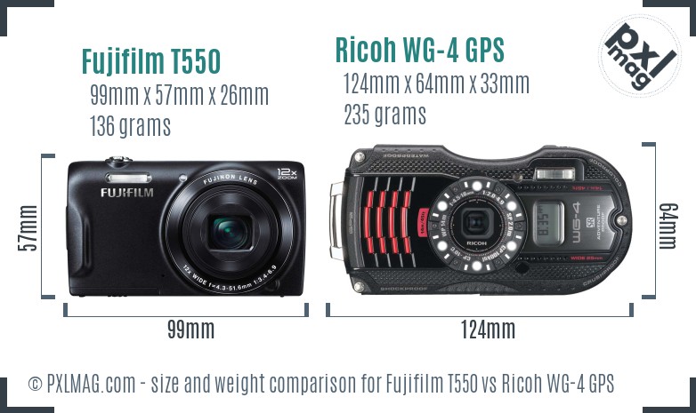 Fujifilm T550 vs Ricoh WG-4 GPS size comparison