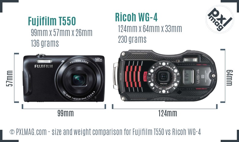 Fujifilm T550 vs Ricoh WG-4 size comparison