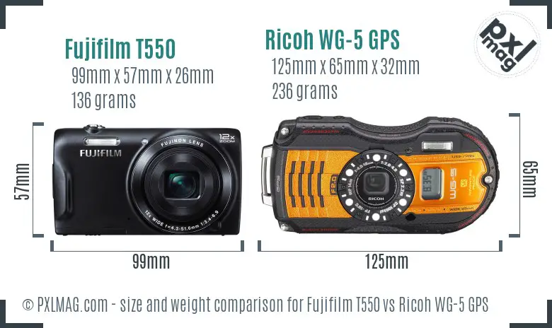 Fujifilm T550 vs Ricoh WG-5 GPS size comparison Fujifilm T550 vs Ricoh WG-5 GPS size comparison