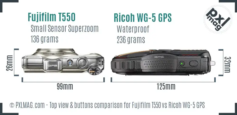 Fujifilm T550 vs Ricoh WG-5 GPS top view buttons comparison Fujifilm T550 vs Ricoh WG-5 GPS top view buttons comparison