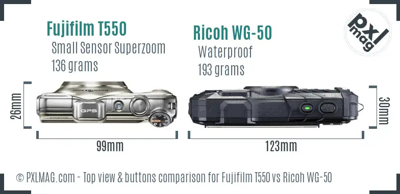 Fujifilm T550 vs Ricoh WG-50 top view buttons comparison Fujifilm T550 vs Ricoh WG-50 top view buttons comparison