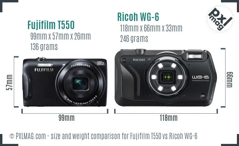 Fujifilm T550 vs Ricoh WG-6 size comparison