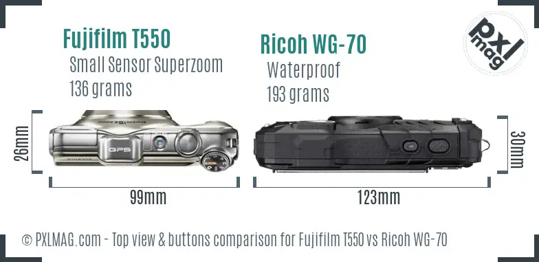 Fujifilm T550 vs Ricoh WG-70 top view buttons comparison Fujifilm T550 vs Ricoh WG-70 top view buttons comparison