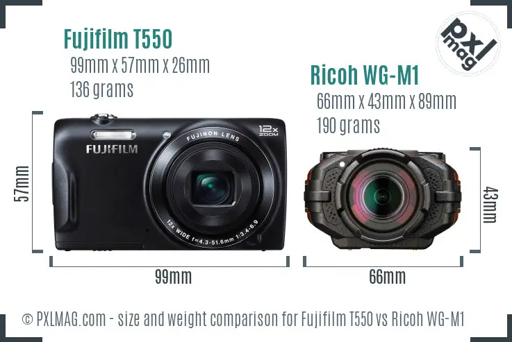 Fujifilm T550 vs Ricoh WG-M1 size comparison