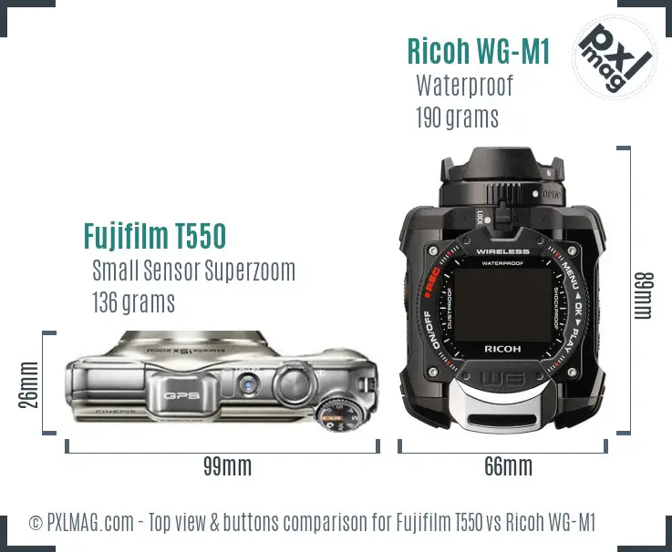 Fujifilm T550 vs Ricoh WG-M1 top view buttons comparison