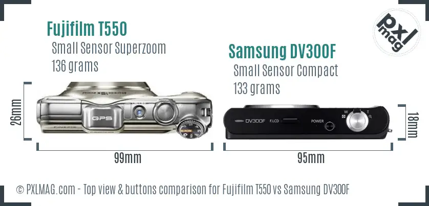 Fujifilm T550 vs Samsung DV300F top view buttons comparison